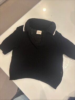 KHAITE Black Short-Sleeve Open-Knit Sweater with White Collar Trim